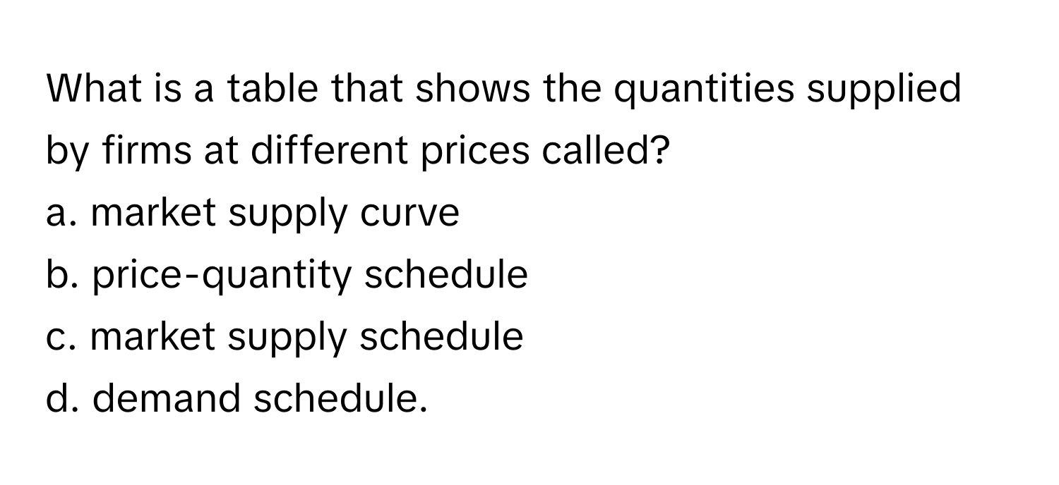 What is a table that shows the quantities supplied by firms at different prices called? 
a. market supply curve 
b. price-quantity schedule 
c. market supply schedule 
d. demand schedule.