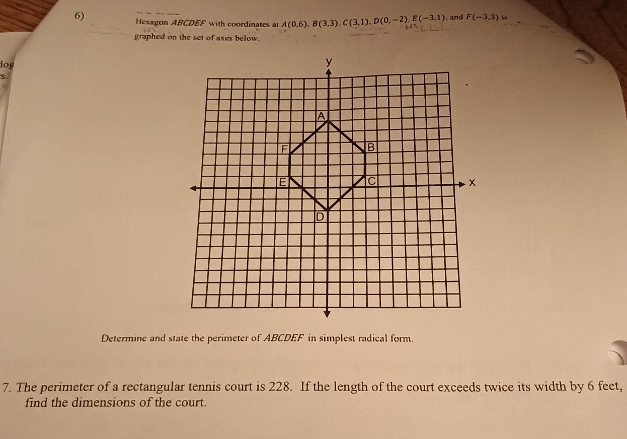 Hexagon ABCDEF with coordinates at A(0,6), B(3,3). C(3,1), D(0,-2), E(-3,1) and F(-3,3) is 
graphed on the set of axes below. 
log 
S. 
. 
Determine and state the perimeter of ABCDEF in simplest radical form. 
7. The perimeter of a rectangular tennis court is 228. If the length of the court exceeds twice its width by 6 feet, 
find the dimensions of the court.