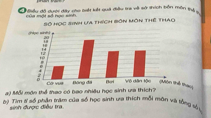 phan tram? 
C Biểu đồ dưới đây cho biết kết quả điều tra về sở thích bốn môn thể th 
của một số học sinh. 
THÊ THAO 
a) Mỗi môn thể thao có bao nhiêu học sinh ưa thích? 
b) Tìm tì số phần trăm của số học sinh ưa thích mỗi môn và tổng số 
sinh được điều tra.