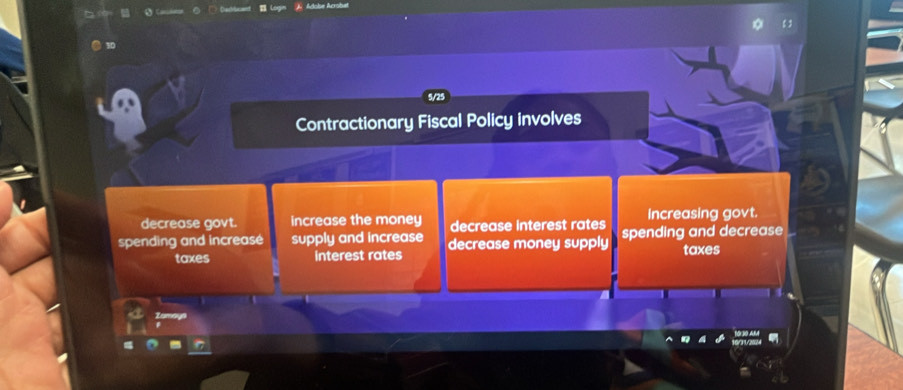 Adoise Acrobat
5/25
Contractionary Fiscal Policy involves
decrease govt. increase the money decrease interest rates Increasing govt.
spending and increase supply and increase decrease money supply spending and decrease
taxes interest rates taxes
a