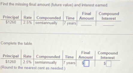 Find the missing final amount (future value) and interest earned. 
Complete the table 
(