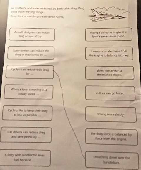 Air resistance and water resistance are both called drag. Drag
slows down moving things.
Draw lines to match up the sentence halves.
Aircraft designers can reduce fitting a deflector to give the
drag on aircraft by ... lorry a streamlined shape.
Lorry owners can reduce the it needs a smaller force from 
drag of their lorries by ... the engine to balance its drag.
Cyclists can reduce their drag giving the aircraft a
by_ streamlined shape.
When a lorry is moving at a
steady speed ... so they can go faster.
Cyclists like to keep their drag driving more slawly.
as low as possible 
Car drivers can reduce drag the drag force is balanced by
and save petrol by ... force from the engine.
A lorry with a deflector saves crouching down over the
fuel because_ handlebars.