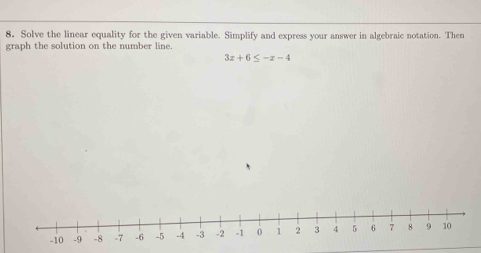 Solve the linear equality for the given variable. Simplify and express your answer in algebraic notation. Then 
graph the solution on the number line.
3x+6≤ -x-4
-8