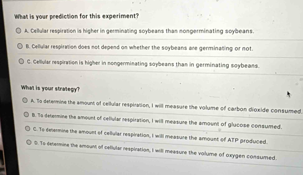 What is your prediction for this experiment?
A. Cellular respiration is higher in germinating soybeans than nongerminating soybeans.
B. Cellular respiration does not depend on whether the soybeans are germinating or not.
C. Cellular respiration is higher in nongerminating soybeans than in germinating soybeans.
What is your strategy?
A. To determine the amount of cellular respiration, I will measure the volume of carbon dioxide consumed.
B. To determine the amount of cellular respiration, I will measure the amount of glucose consumed.
C. To determine the amount of cellular respiration, I will measure the amount of ATP produced.
D. To determine the amount of cellular respiration, I will measure the volume of oxygen consumed.