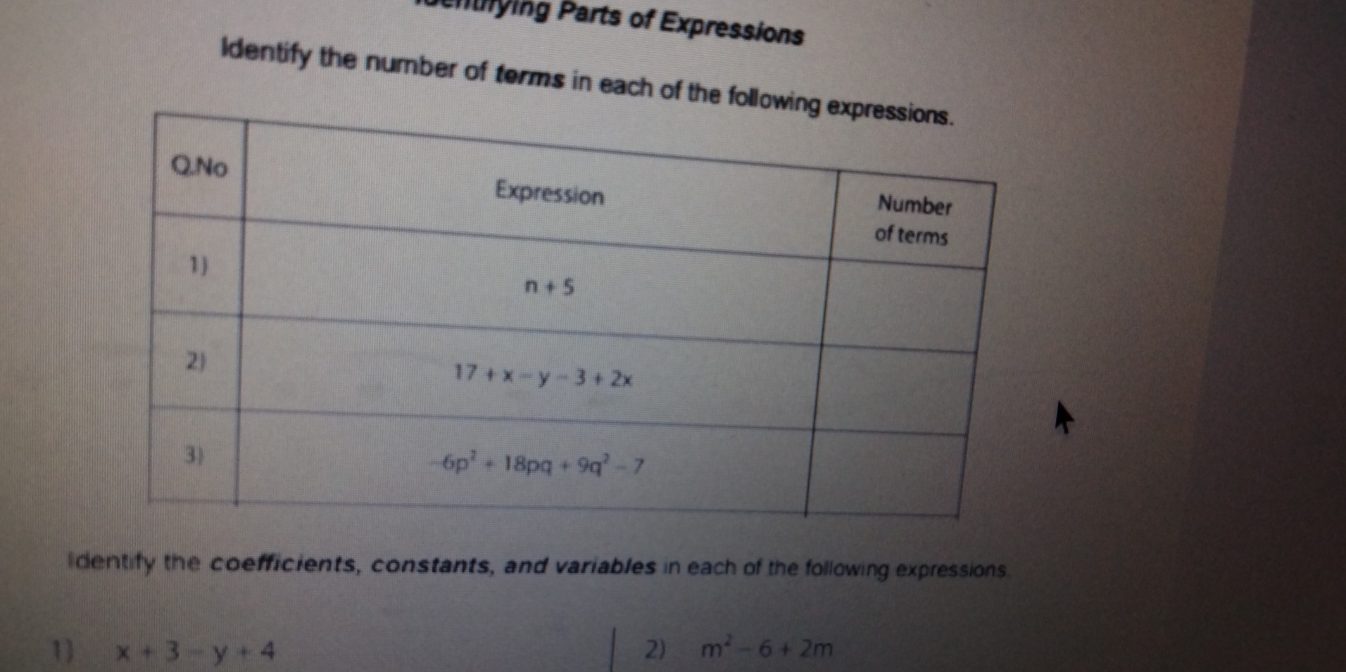 ying Parts of Expressions
Identify the number of terms in each of the following
identify the coefficients, constants, and variables in each of the following expressions.
1) x+3-y+4 2) m^2-6+2m