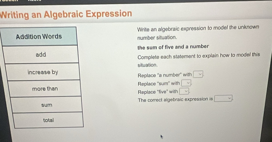 Writing an Algebraic Expression
Write an algebraic expression to model the unknown
number situation.
the sum of five and a number
Complete each statement to explain how to model this
situation.
Replace “a number” with □.
Replace “sum” with □.
Replace “five” with □.
The correct algebraic expression is □.