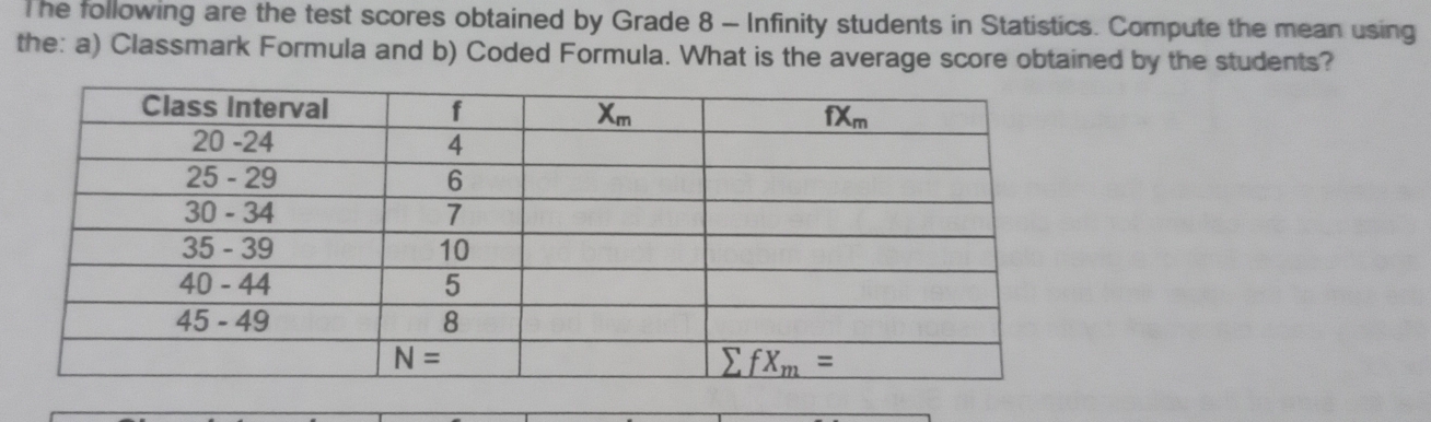 he following are the test scores obtained by Grade 8 - Infinity students in Statistics. Compute the mean using
the: a) Classmark Formula and b) Coded Formula. What is the average score obtained by the students?