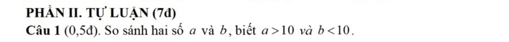 PhÀN II. Tự LUẠN (7ª) 
Câu 1(0,5d). So sánh hai số a và b, biết a>10 và b<10</tex>.