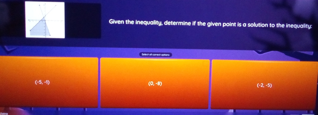 Given the inequality, determine if the given point is a solution to the inequality:
Select all correct options
(-5,-1)
(0,-8)
(-2,-5)