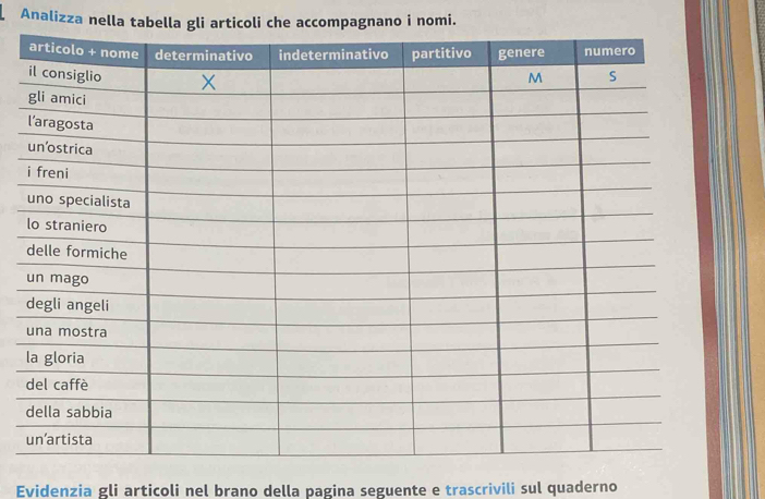 Analizza nella tabella gli articoli che accompagnano i nomi. 
Evidenzia gli articoli nel brano della pagina seguente e trascrivili sul quaderno