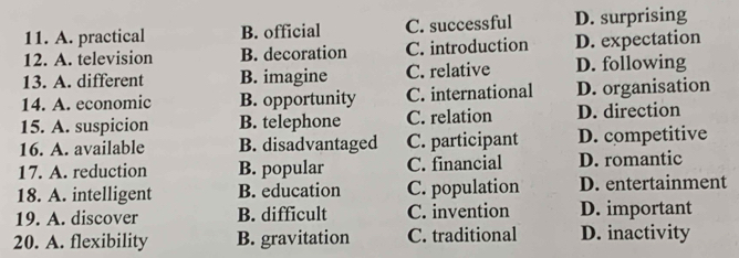 A. practical B. official C. successful D. surprising
12. A. television B. decoration C. introduction D. expectation
13. A. different B. imagine C. relative D. following
14. A. economic B. opportunity C. international D. organisation
15. A. suspicion B. telephone C. relation D. direction
16. A. available B. disadvantaged C. participant D. competitive
17. A. reduction B. popular C. financial D. romantic
18. A. intelligent B. education C. population D. entertainment
19. A. discover B. difficult C. invention D. important
20. A. flexibility B. gravitation C. traditional D. inactivity