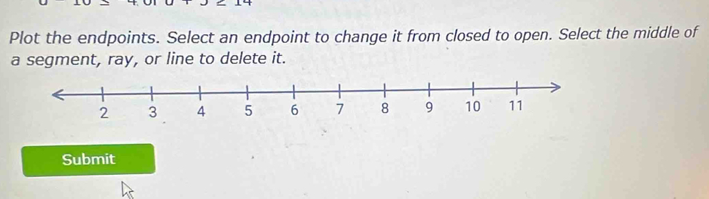 Plot the endpoints. Select an endpoint to change it from closed to open. Select the middle of 
a segment, ray, or line to delete it. 
Submit