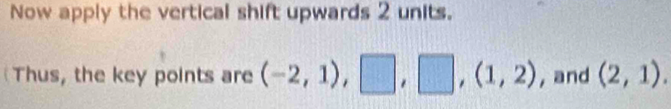 Now apply the vertical shift upwards 2 units. 
Thus, the key points are (-2,1),□ ,□ ,(1,2) , and (2,1).