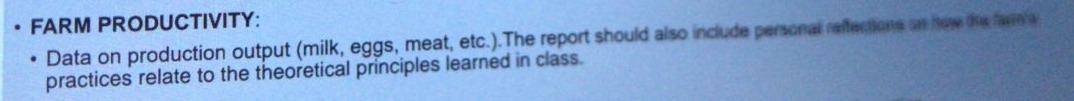 FARM PRODUCTIVITY: 
Data on production output (milk, eggs, meat, etc.).The report should also include personal reffectione on how the arm a 
practices relate to the theoretical principles learned in class.