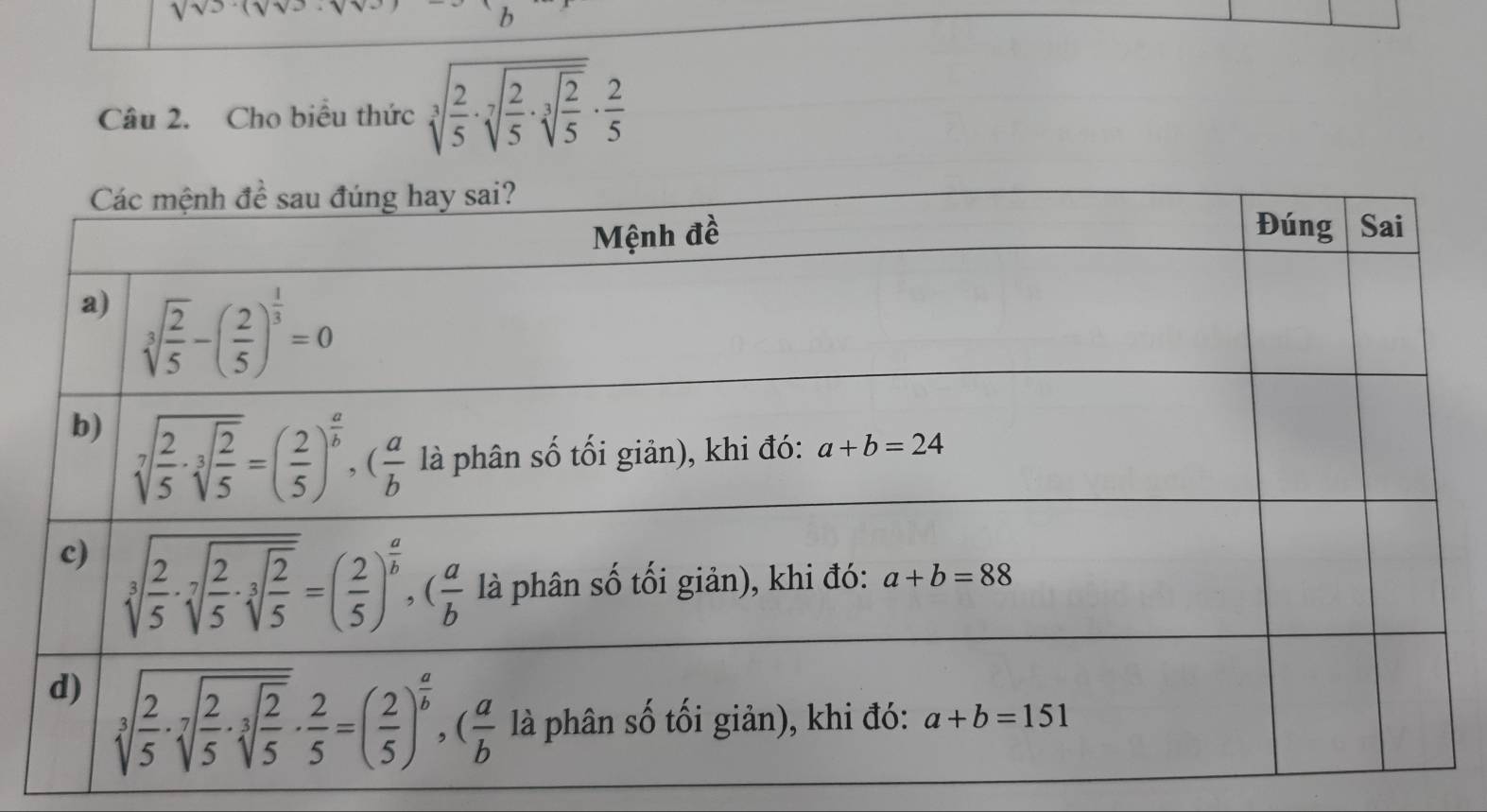 Vv^3· (sqrt(v))
Câu 2. Cho biểu thức sqrt[3](frac 2)5· sqrt[7](frac 2)5· sqrt[3](frac 2)5·  2/5 