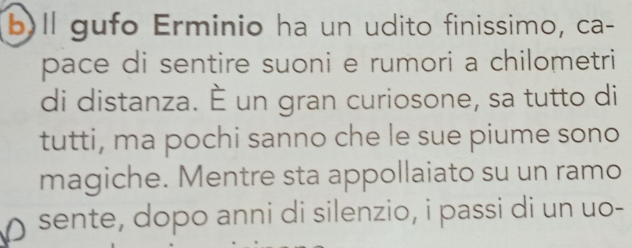 ll gufo Erminio ha un udito finissimo, ca- 
pace di sentire suoni e rumori a chilometri 
di distanza. È un gran curiosone, sa tutto di 
tutti, ma pochi sanno che le sue piume sono 
magiche. Mentre sta appollaiato su un ramo 
sente, dopo anni di silenzio, i passi di un uo-