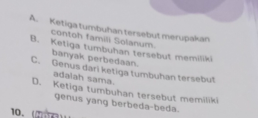 A. Ketiga tumbuhan tersebut merupakan
contoh famili Solanum.
B. Ketiga tumbuhan tersebut memiliki
banyak perbedaan.
C. Genus dari ketiga tumbuhan tersebut
adalah sama.
D. Ketiga tumbuhan tersebut memiliki
genus yang berbeda-beda.
10. (1()