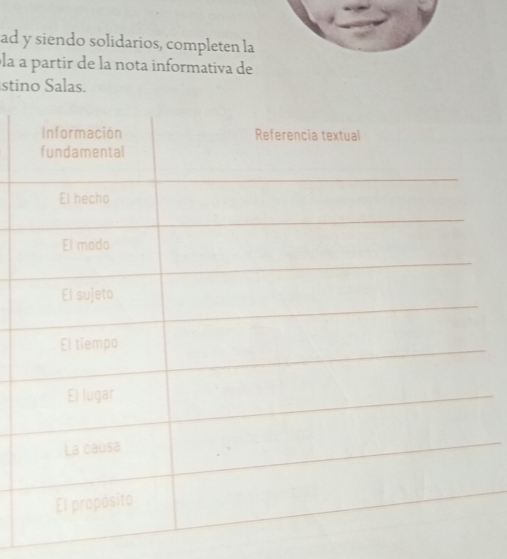 ad y siendo solidarios, completen la 
la a partir de la nota informativa de 
stino Salas.