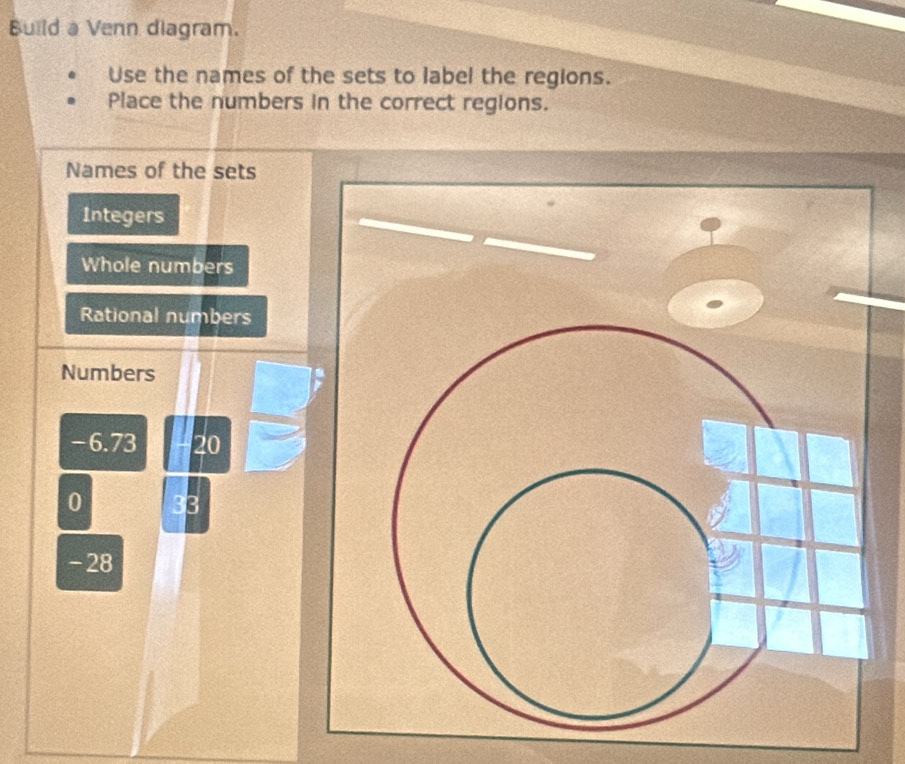 Build a Venn diagram. 
Use the names of the sets to label the regions. 
Place the numbers in the correct regions. 
Names of the sets 
Integers 
Whole numbers 
Rational numbers 
Numbers
−6.73 20
0 33
-28