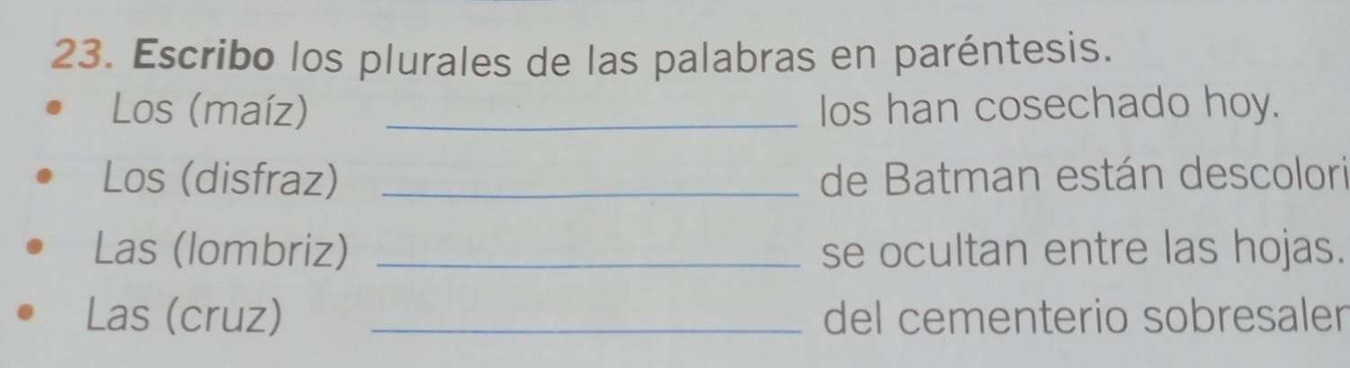 Escribo los plurales de las palabras en paréntesis. 
Los (maíz) _Ios han cosechado hoy. 
Los (disfraz) _de Batman están descolori 
Las (lombriz) _se ocultan entre las hojas. 
Las (cruz) _del cementerio sobresaler