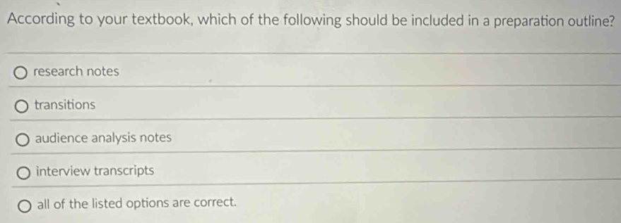 According to your textbook, which of the following should be included in a preparation outline?
research notes
transitions
audience analysis notes
interview transcripts
all of the listed options are correct.