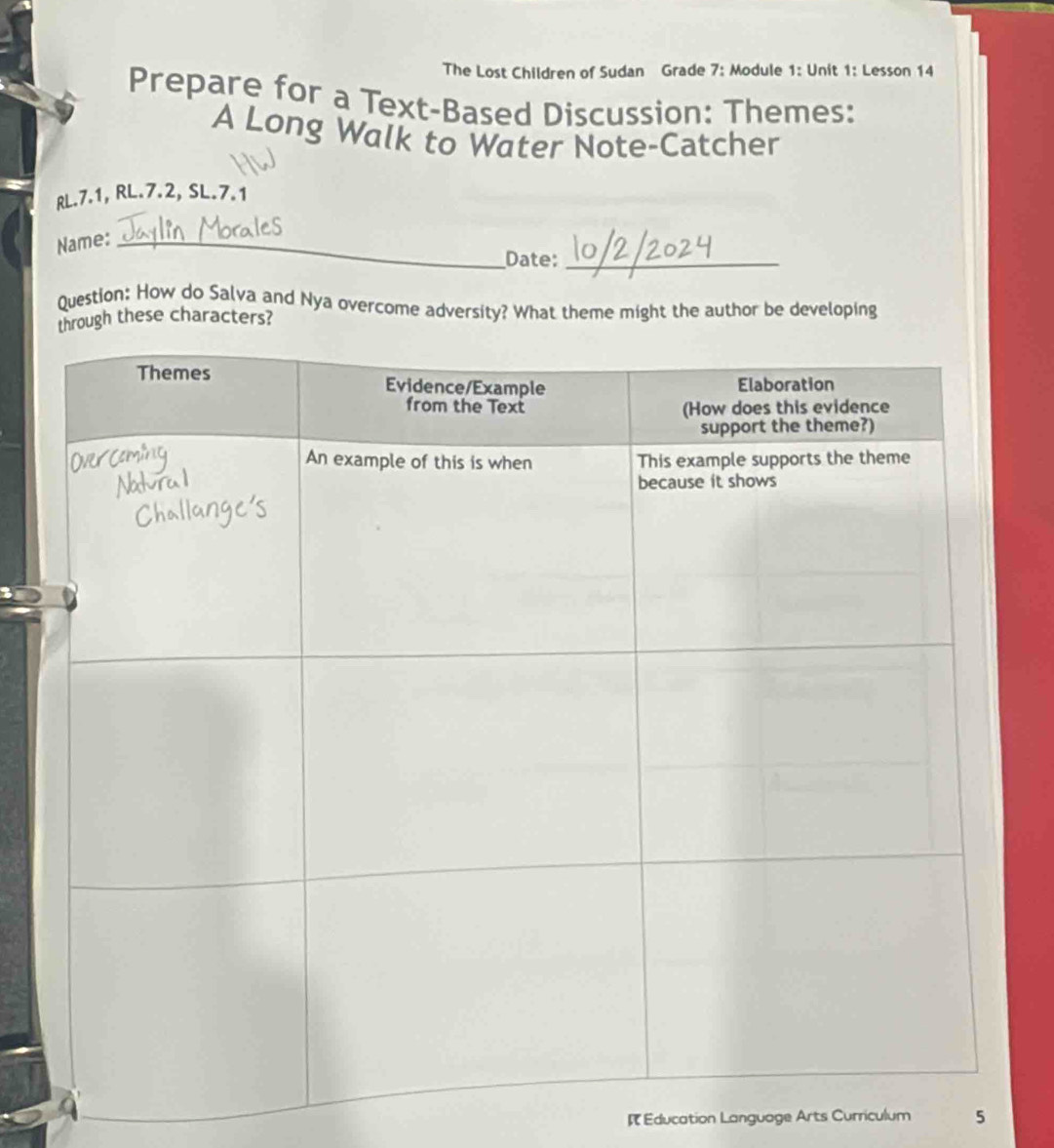 The Lost Children of Sudan Grade 7: Module 1: Unit 1: Lesson 14 
Prepare for a Text-Based Discussion: Themes: 
A Long Walk to Water Note-Catcher
RL.7.1, RL.7.2, SL. 7.1
Name:_ 
Date:_ 
Question: How do Salva and Nya overcome adversity? What theme might the author be developing 
rough these characters? 
R Education Language Arts Curriculum 5