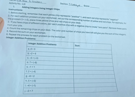 Activity No.: 3,6 _Score:
_
1. Adding Integers Using Integer Chips
Instructions:
1. Before starting, remember that each yellow chip represents “positive" 1, and each red chip represents "negative"
2. For each addition problem on your worksheet, set out the corresponding number of yellow and red chips. For example, for
the problem 3+(-2) , place three yellow chips and red chips on your desk.
3. If you have chips of different colors, pair each positive chip with a negative chip to create "zero pairs". Remove these pairs
from your pile.
4. Count the remaining chips on your desk. The color and number of chips you have left will give you the sum of the integers
5. Record the sum on your worksheet.
6. Repeat the process for each problem on the worksheet.
Integer Add