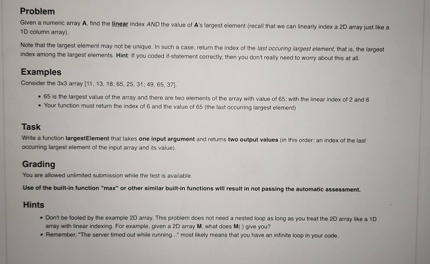 Solved: Problem Given a numeric array A, find the Iinear index AND the ...