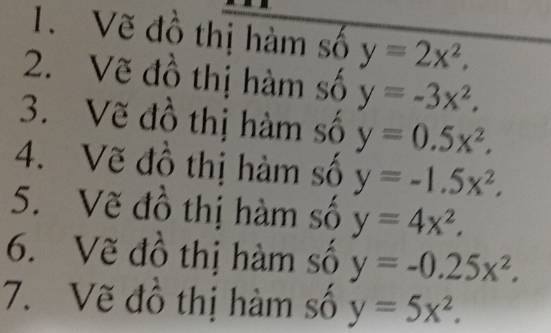 Vẽ đồ thị hàm số y=2x^2. 
2. Vẽ đồ thị hàm số y=-3x^2. 
3. Vẽ đồ thị hàm số y=0.5x^2. 
4. Vẽ đồ thị hàm số y=-1.5x^2. 
5. Vẽ đồ thị hàm số y=4x^2. 
6. Vẽ đồ thị hàm số y=-0.25x^2. 
7. Vẽ đồ thị hàm số y=5x^2.