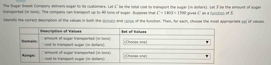 The Sugar Sweet Company delivers sugar to its customers. Let C be the total cost to transport the sugar (in dollars). Let S be the amount of sugar 
transported (in tons). The company can transport up to 40 tons of sugar. Suppose that C=140S+1500 gives C as a function of S. 
Identify the correct description of the values in both the domain and range of the function. Then, for each, choose the most appropriate set of values.