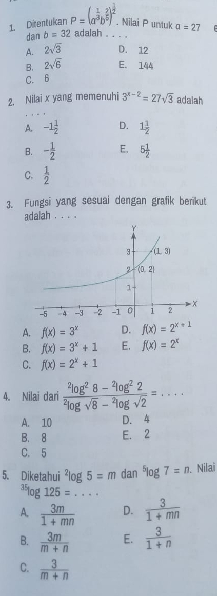 Ditentukan P=(a^(frac 1)3b^(frac 2)5)^ 1/2 .. Nilai P untuk alpha =27
dan b=32 adalah . . . .
A. 2sqrt(3) D. 12
B. 2sqrt(6) E. 144
C. 6
2. Nilai x yang memenuhi 3^(x-2)=27sqrt(3) adalah
_
D.
A. -1 1/2  1 1/2 
E.
B. - 1/2  5 1/2 
C.  1/2 
3. Fungsi yang sesuai dengan grafik berikut
adalah . . . .
A. f(x)=3^x D. f(x)=2^(x+1)
B. f(x)=3^x+1 E. f(x)=2^x
C. f(x)=2^x+1
4. Nilai dari frac ^2log^28-^2log^22^2log sqrt(8)-^2log sqrt(2)=...
A. 10
D. 4
B. 8 E. 2
C. 5
5. Diketahui^2log 5=m dan^5log 7=n. Nilai^(35)log 125=...
A.  3m/1+mn   3/1+mn 
D.
B.  3m/m+n  E.  3/1+n 
C.  3/m+n 