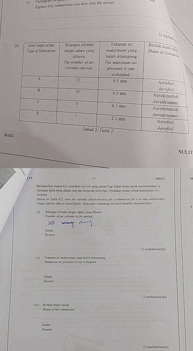 (ii) Terangkan meng 
Explain why submarines can dive into the ocean. 
_ 
_ 
_ 
[2 ma
453
SULIT 
LIT 4531/2 S
17
Berdasarkan Jadual 8.2, nyatakan ciri-ciri yang sesuai bagi kapal selam untuk membolehkan ia 
bertahan lebih Iama dalam laut dan bergerak lebih laju. Nyatakan alasan untuk kesesuaian ciri 
tersebut 
Based on Table 8.2 state the suitable characteristics for a submarine for it to stay underwater 
longer and be able to travel faster. State your reasoning for each suitable characteristic 
9 
(i) Bilangan silinder tangki udara yang dibawa 
Number of air cylinder to be carried 
_ 
Sebab 
Reason 
_ 
[2 markah/marks] 
(ii) Tekanan air maksimum yang bolch ditampung 
Maximum air pressure it can withstand 
_ 
Scbab_ 
Reason 
_ 
[2 markah/marks] 
(iii) Bentuk kapal selam 
Shape of the submarine 
_ 
Sebab 
_ 
Reason 
_ 
[2 markah/marks]