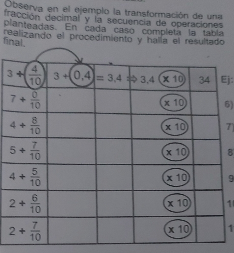 Observa en el ejemplo la transformación de una
fracción decimal y la secuencia de operaciones
planteadas. En cada caso completa la tabla
realizando el procedimiento y halla el resultado
final.
Ej:
6)
1
8
9
1
1