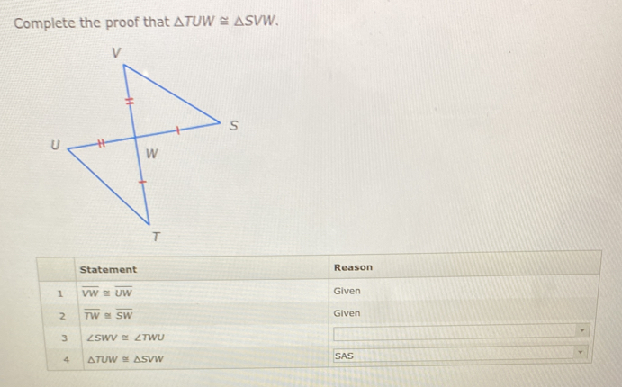 Complete the proof that △ TUW≌ △ SVW.