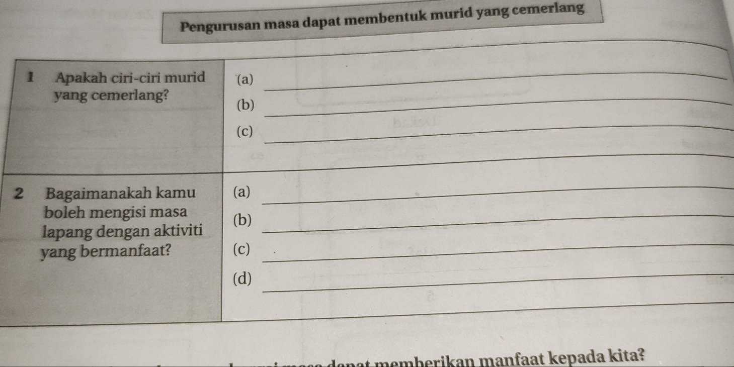 Pengurusan masa dapat membentuk murid yang cemerlang 
t memberikan manfaat kepada kita?