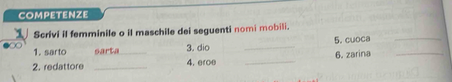 competenze 
Scrivi il femminile o il maschile dei seguenti nomi mobili. 
1. sarto sarta 3. dio _5. cuoca_ 
2. redattore __4. eroe _6. zarina_