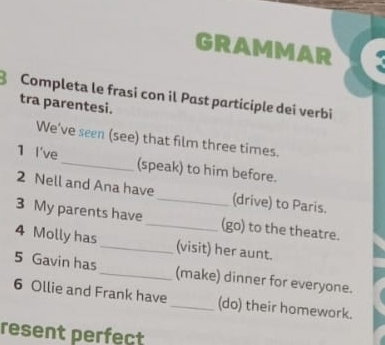 GRAMMAR 
Completa le frasi con il Past participle dei verbi 
tra parentesi. 
We've seen (see) that film three times. 
1 I've_ (speak) to him before. 
2 Nell and Ana have_ (drive) to Paris. 
3 My parents have_ (go) to the theatre. 
4 Molly has _(visit) her aunt. 
5 Gavin has_ (make) dinner for everyone. 
6 Ollie and Frank have _(do) their homework. 
resent perfect