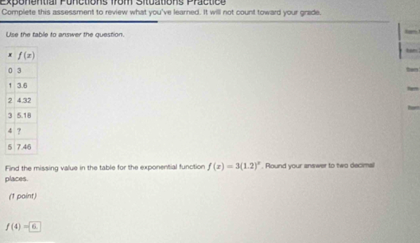 Exponential Punctions from Situations Practice
Complete this assessment to review what you've learned. It will not count toward your grade.
Use the table to answer the question.
Find the missing value in the table for the exponential function f(x)=3(1.2)^x. Round your answer to two decimal
places.
(1 point)
f(4)= 6.