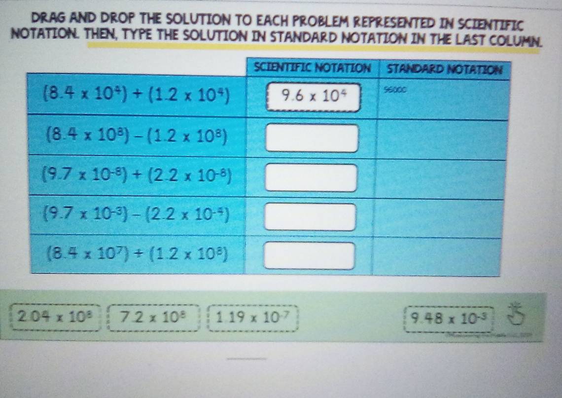 DRAG AND DROP THE SOLUTION TO EACH PROBLEM REPRESENTED IN SCIENTIFIC
NOTATION. THEN, TYPE THE SOLUTION IN STANDARD NOTATION IN THE LAST COLUMN.
2.04* 10^8 7.2* 10^8 1.19* 10^(-7) 9.48* 10^(-3)