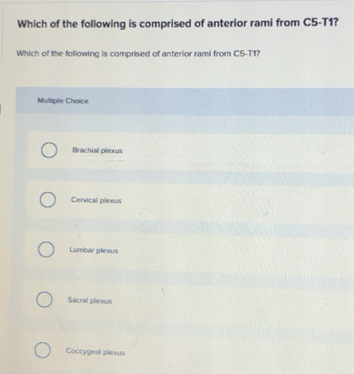Solved: Which of the following is comprised of anterior rami from C5-T1 ...