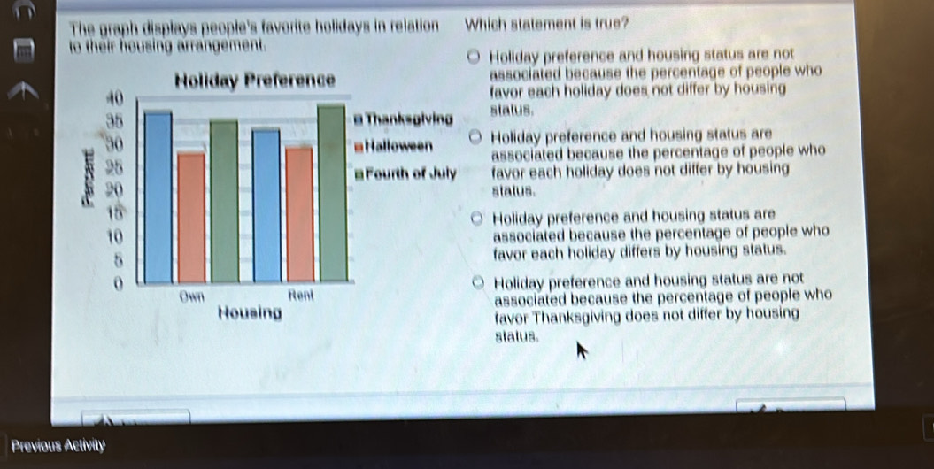 The graph displays people's favorite holidays in relation Which statement is true?
to their housing arrangement.
Holiday preference and housing status are not
Holiday Preference associated because the percentage of people who
favor each holiday does not differ by housing
hanksgiving stalus.
Holiday preference and housing status are
alloween associated because the percentage of people who
ourth of July favor each holiday does not differ by housing
status.
Holiday preference and housing status are
associated because the percentage of people who
favor each holiday differs by housing status.
Holiday preference and housing status are not
associated because the percentage of people who
Housing favor Thanksgiving does not differ by housing
status.
Previous Activily