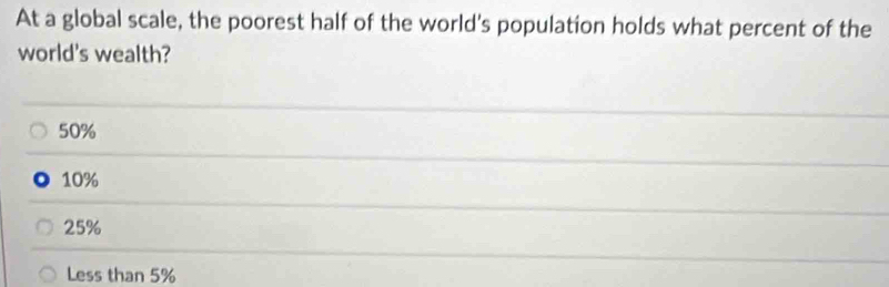 At a global scale, the poorest half of the world's population holds what percent of the
world's wealth?
50%
0 10%
25%
Less than 5%