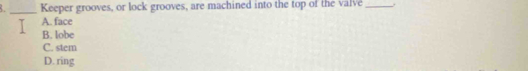 Keeper grooves, or lock grooves, are machined into the top of the valve _.
A. face
B. lobe
C. stem
D. ring