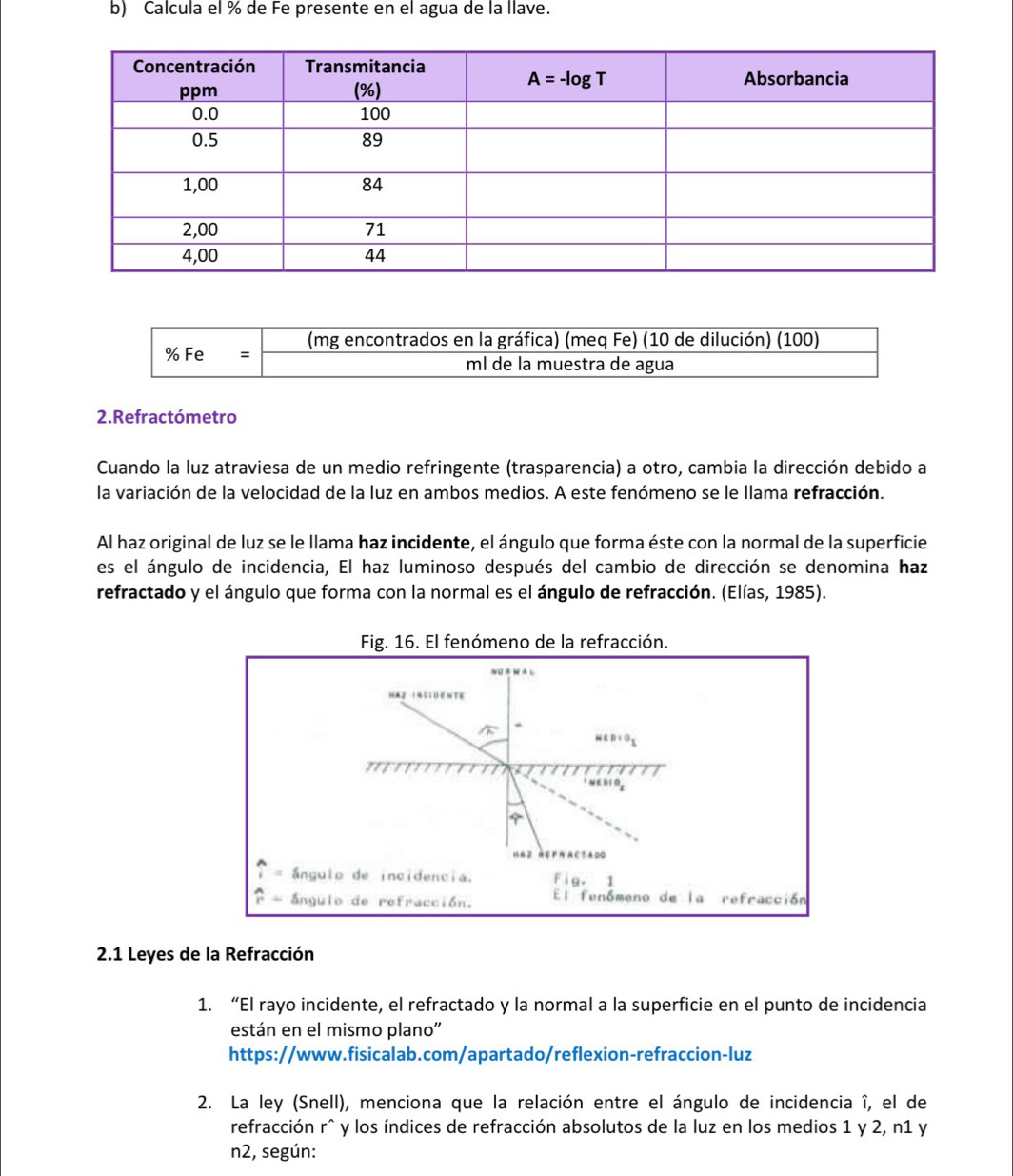 Calcula el % de Fe presente en el agua de la llave.
% Fe = (mg encontrados en la gráfica) (meq Fe) (10 de dilución) (100)
ml de la muestra de agua
2.Refractómetro
Cuando la luz atraviesa de un medio refringente (trasparencia) a otro, cambia la dirección debido a
la variación de la velocidad de la luz en ambos medios. A este fenómeno se le llama refracción.
Al haz original de luz se le llama haz incidente, el ángulo que forma éste con la normal de la superficie
es el ángulo de incidencia, El haz luminoso después del cambio de dirección se denomina haz
refractado y el ángulo que forma con la normal es el ángulo de refracción. (Elías, 1985).
Fig. 16. El fenómeno de la refracción.
NU M l
MAZ IN UIDENTE
n∈ D+O_1
177   
4
n-z HEF N A C TA DO
ángulo de incidencia. 1
Q_.
- ángulo de refracción. El fenómeno de la refracción
2.1 Leyes de la Refracción
1. “El rayo incidente, el refractado y la normal a la superficie en el punto de incidencia
están en el mismo plano''
https://www.fisicalab.com/apartado/reflexion-refraccion-luz
2. La ley (Snell), menciona que la relación entre el ángulo de incidencia î, el de
refracción r^ y los índices de refracción absolutos de la luz en los medios 1 y 2, n1 y
n2, según: