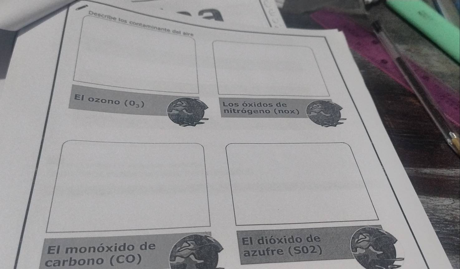 Describe los contaminante del aire 
El ozono (O_3)
Los óxidos de 
nitrógeno (nox) 
El monóxido de El dióxido de 
carbono (CO) azufre (S02)