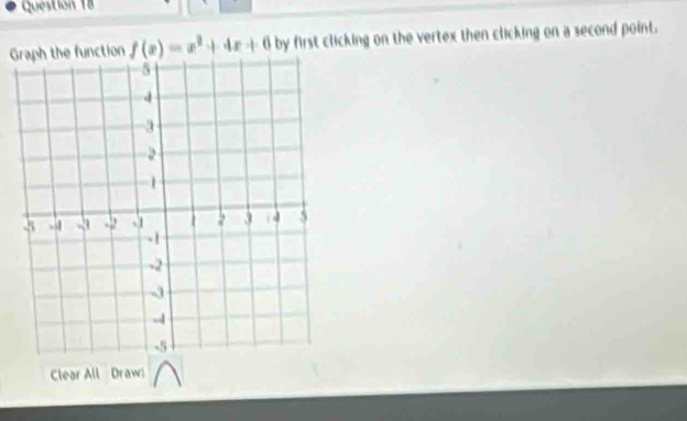 Questión 18 
Graph the function f(x)=x^2+4x+6 by first clicking on the vertex then clicking on a second point. 
Clear All Draw: