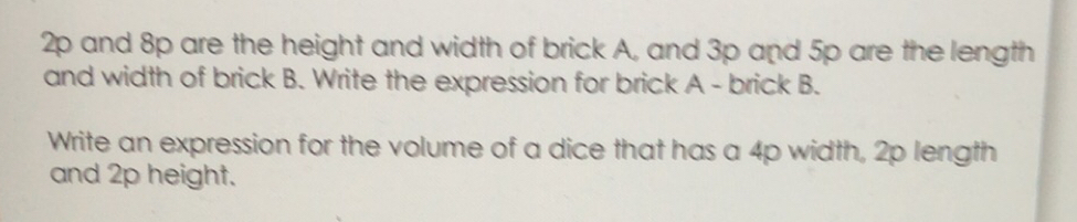 Gelöst:2p and 8p are the height and width of brick A, and 3p and 5p are ...