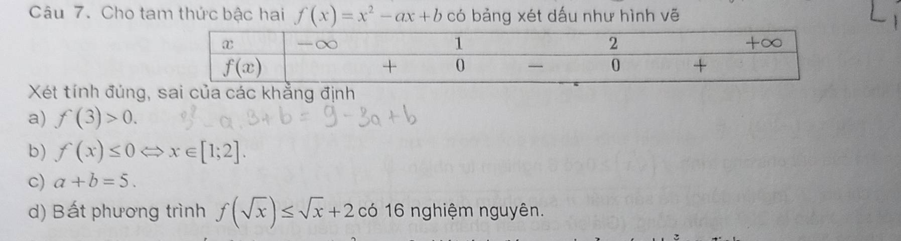 Cho tam thức bậc hai f(x)=x^2-ax+b có bảng xét dấu như hình vẽ
Xét tính đúng, sai của các khẳng định
a) f(3)>0.
b) f(x)≤ 0 x∈ [1;2].
c) a+b=5.
d) Bất phương trình f(sqrt(x))≤ sqrt(x)+2 có 16 nghiệm nguyên.