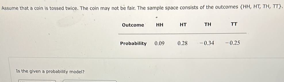 Assume that a coin is tossed twice. The coin may not be fair. The sample space consists of the outcomes HH, HT, TH, TT.