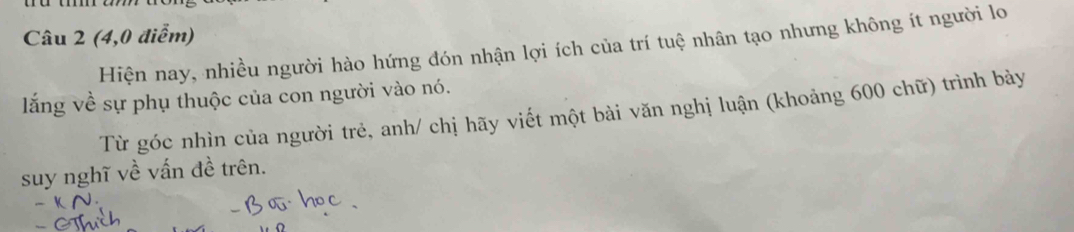 (4,0 điễm) 
Hiện nay, nhiều người hào hứng đón nhận lợi ích của trí tuệ nhân tạo nhưng không ít người lo 
lắng về sự phụ thuộc của con người vào nó. 
Từ góc nhìn của người trẻ, anh/ chị hãy viết một bài văn nghị luận (khoảng 600 chữ) trình bày 
suy nghĩ về vấn đề trên.